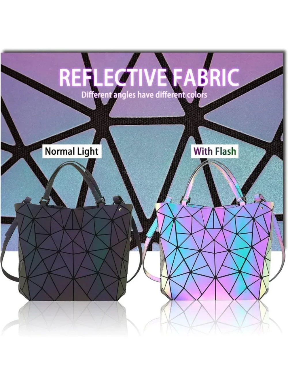 Luminous Geometric Tote Bag & Holographic Crossbody Purse - Black Iridescent